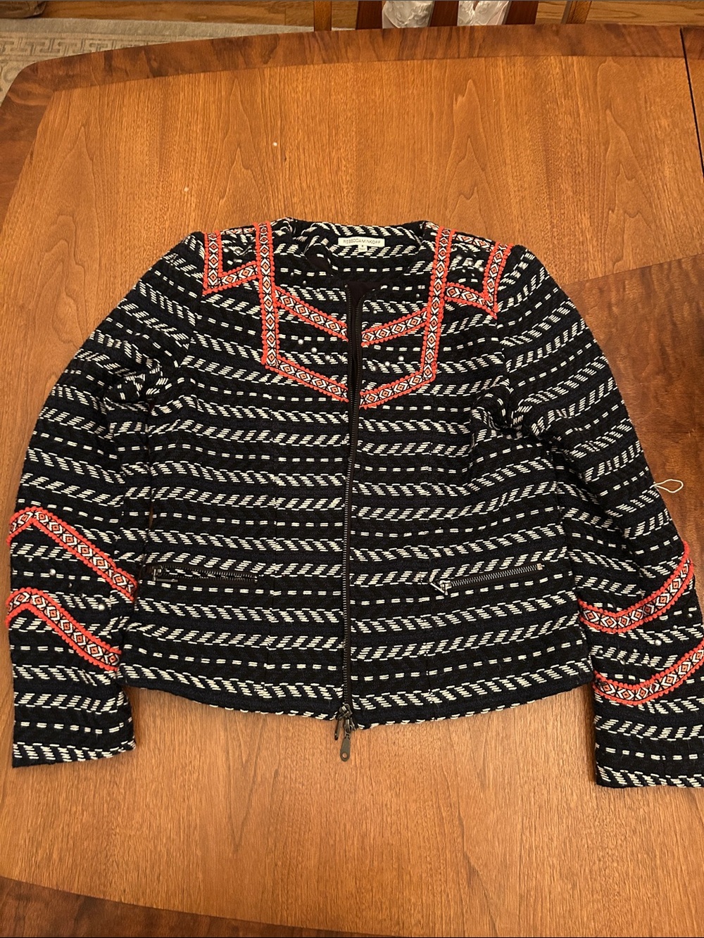 Rebecca Minkoff Women’s Navy Patterned Zip Jacket with Trim